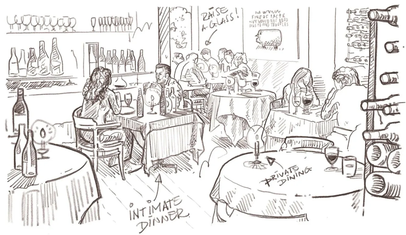 Schets van een restaurant met tafels, mensen die dineren, wijnflessen en wijnglazen.